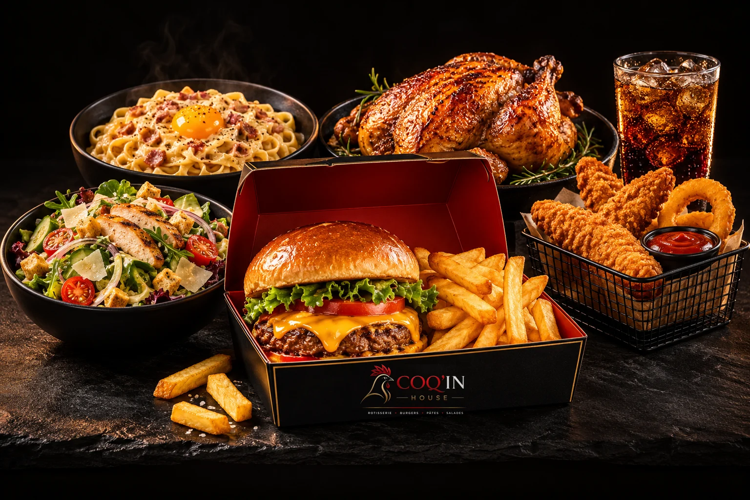 La box Coq'in House avec burger et frites, entourée d'un poulet rôti, de pâtes carbonara, d'une salade, de tenders et onion rings, et d'un verre de soda