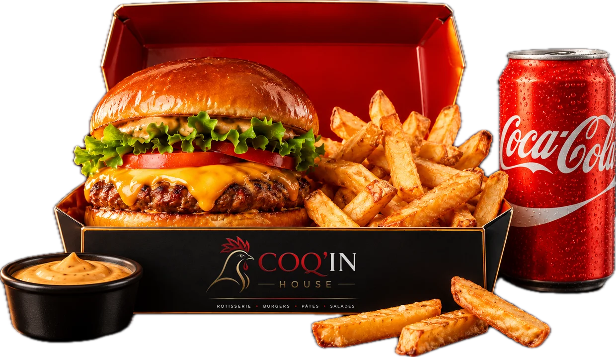 Formule burger : burger et frites maison dans la box Coq’in House, sauce et canette de soda