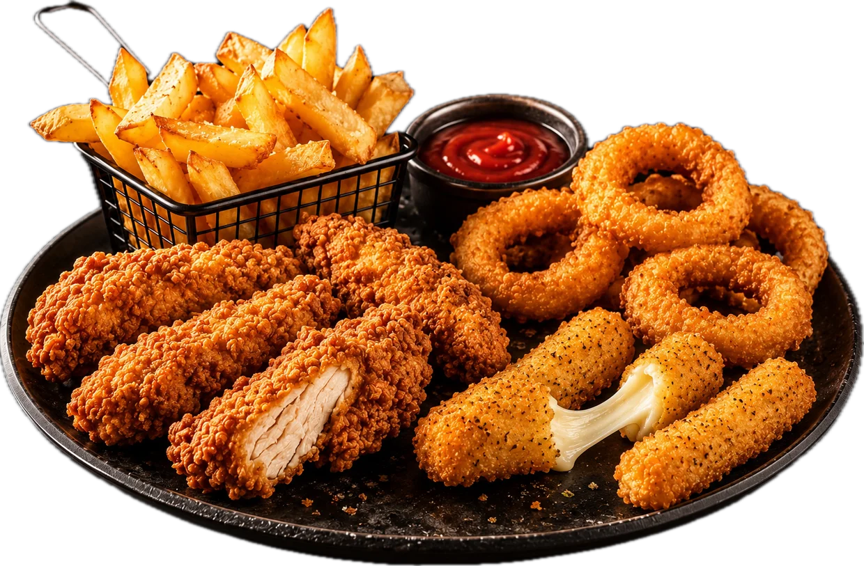 La formule friture : 4 tenders, 4 onion rings, 3 mozzarella sticks, frites maison et ketchup